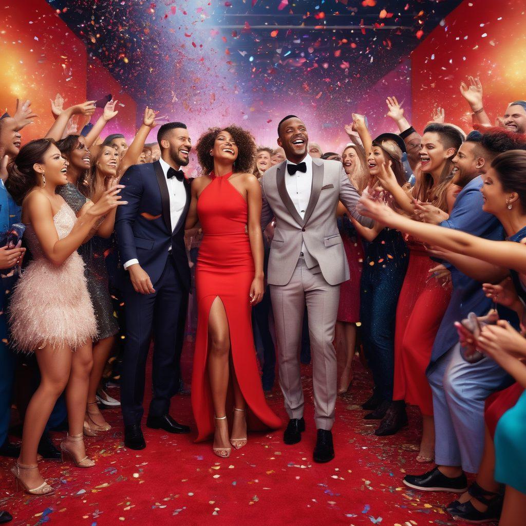 A lively scene featuring a group of diverse celebrities joyfully interacting on a colorful red carpet, with confetti falling from above and bright flashing cameras capturing their ecstatic poses. Include elements of laughter, playful antics, and vibrant clothing styles that capture the glamour of the spotlight. The background should be dazzling with a blend of sparkling lights and a cheering crowd. super-realistic. vibrant colors. dynamic composition.