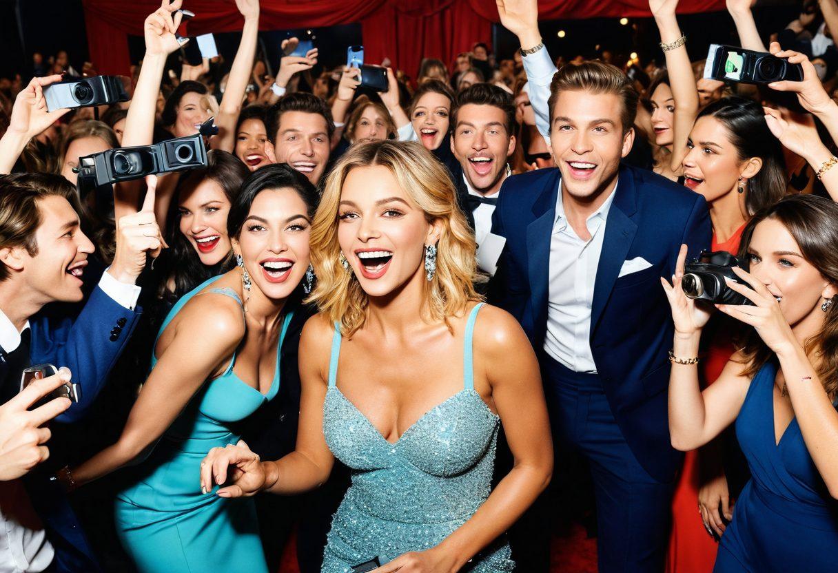 A vibrant collage depicting a bustling celebrity scene, featuring a glamorous red carpet event with flashing cameras, excited fans holding signs, and a blend of high fashion outfits. In the background, include scenes of candid moments - a star playfully interacting with fans, another having a funny mishap while posing, and chaotic production staff managing the event. Capture the joyful chaos with a colorful and dynamic composition. super-realistic. vibrant colors. high energy.