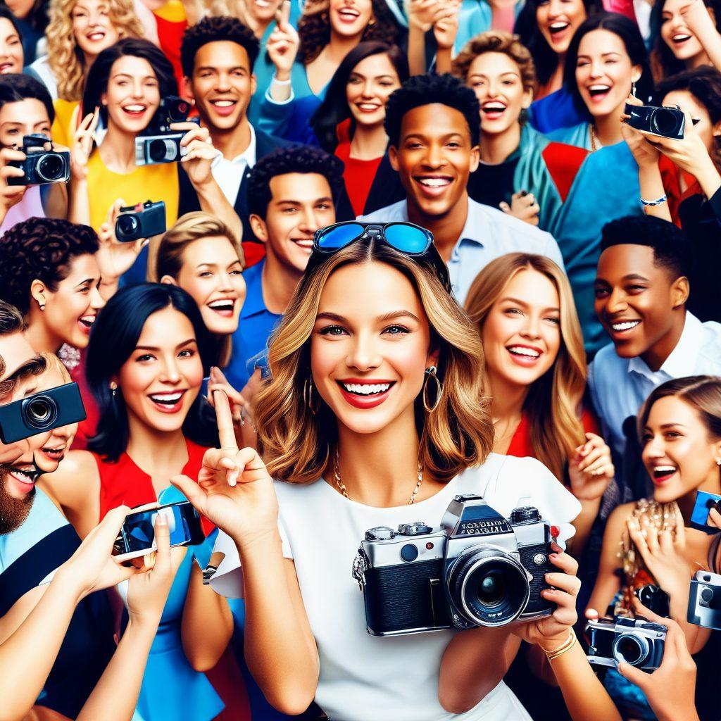A vibrant collage depicting the journey of fame, featuring a cheerful crowd at a viral video shoot, a glitzy red carpet event with celebrities smiling, and a lighthearted scandal scene with playful expressions. Incorporate film cameras, social media icons, and paparazzi in the background, all in bright colors to emphasize the uplifting nature of fame. super-realistic. vibrant colors. white background.
